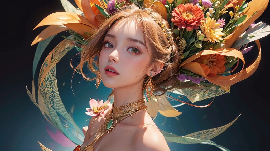 32K, 最高quality, 最高masterpiece, (ultra-Detailed Background, Detailed Background), High resolution, Super detailed, Very detailedな, One girl, (bouquet:1.3), (Tangled:1.2), (Geometric:1.2),(colorful),(masterpiece, quality, best quality, Official Art, Beautiful and beautiful:1.2), (1 girl:1.3), Very detailed,(colorful:1.1)(Flowers:1.3),Most detailed,(Tangled:1.2), whole body, (Abstract background:1.3), (Skin glows), (Many colors:1.4), ,(Earrings Jewelry:1.5), Pale Orange Background,