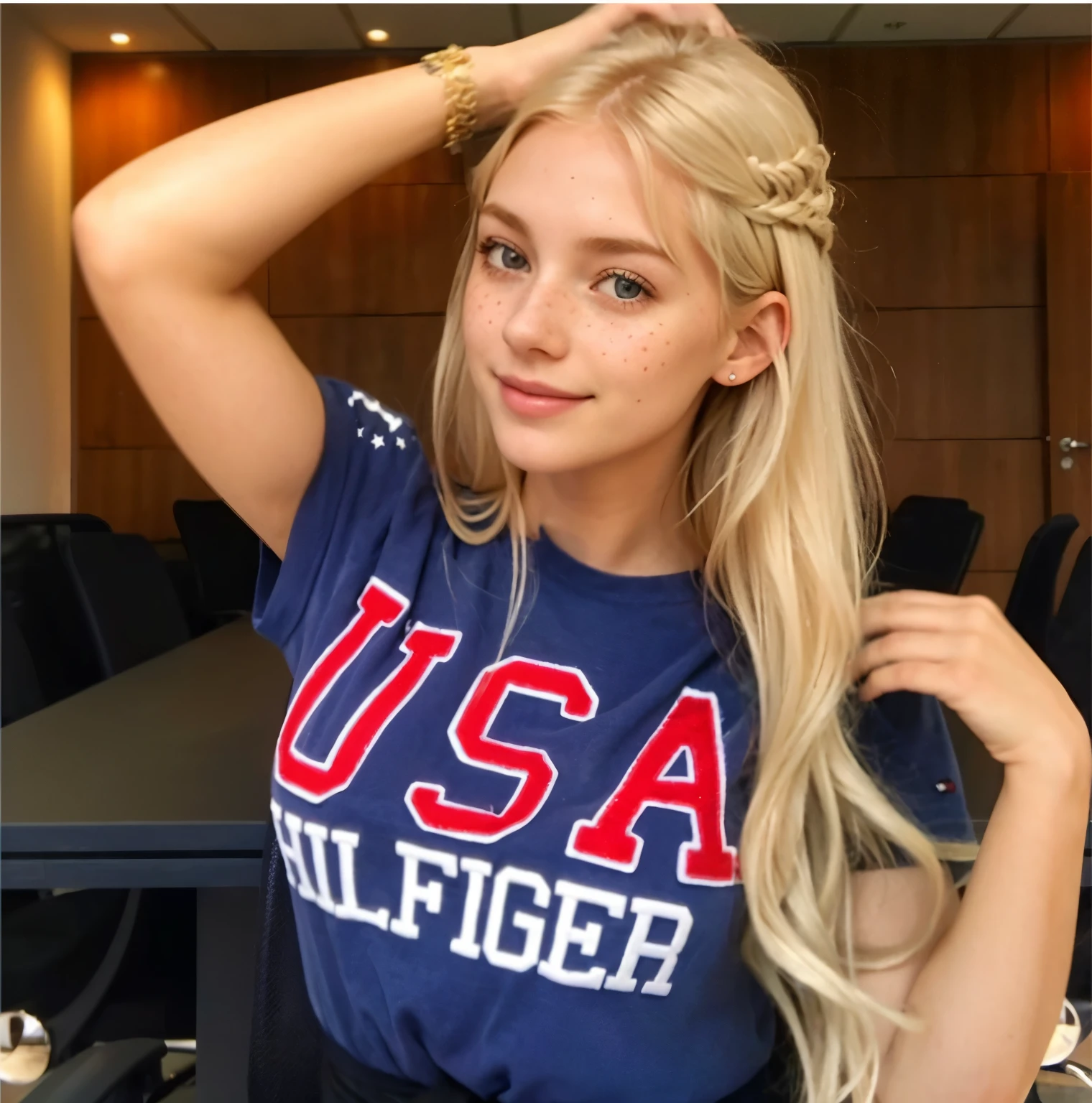Woman, americana, age 25, pale skin and freckles, grey-eyed, delicate nose, soft and delicate lips, distant, cabelo blondie distant e ondulado na altura da cintura, Sweet smile, face with delicate feminine facial features, highly rendered