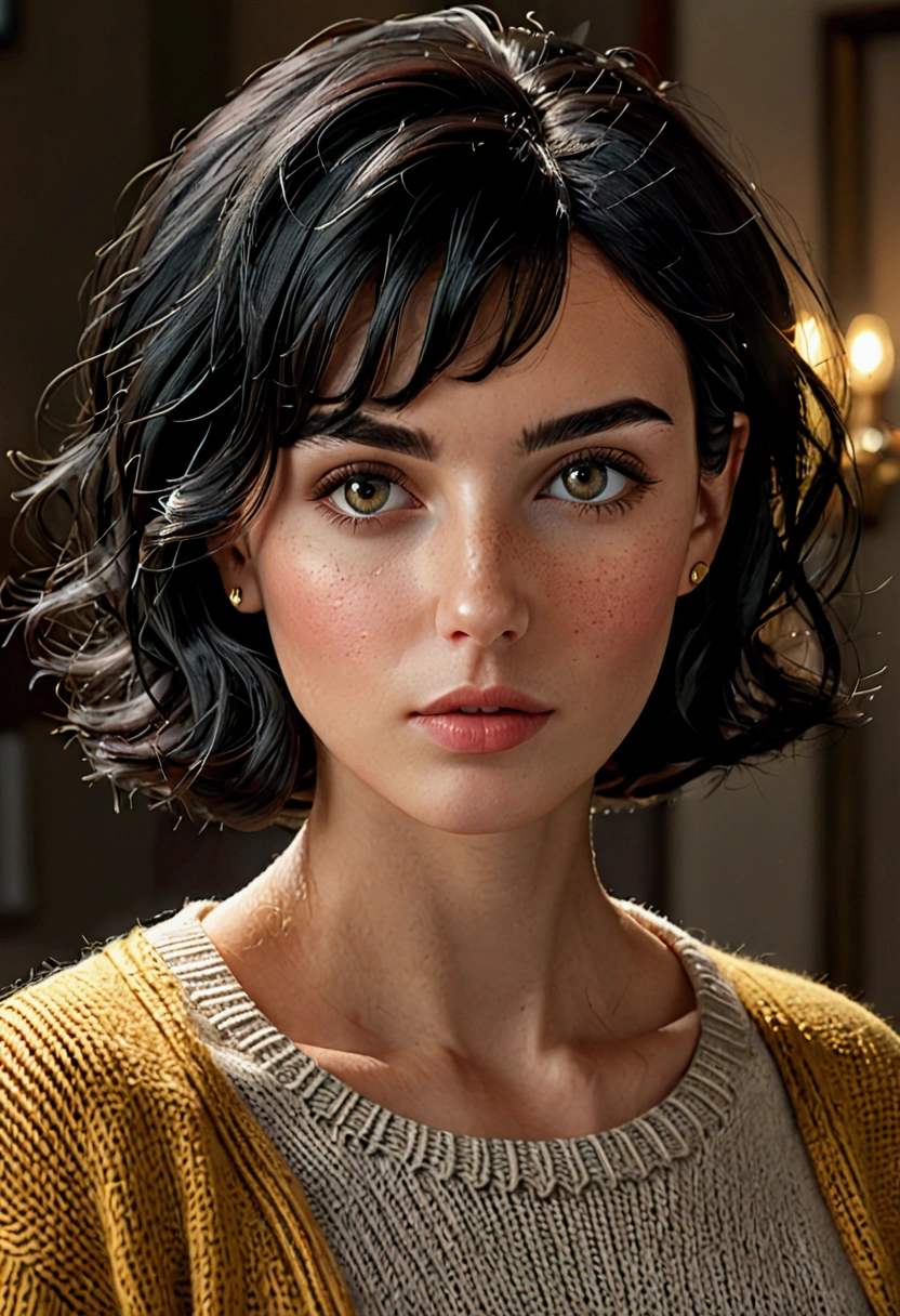 (masterpiece:1.3), (8k, realistic, RAW photos, best quality: 1.4), (1 woman), beautiful face, (realistic face), (black hair, Short hair:1.3), beautiful hairstyle, realistic eyes, beautiful and delicate eyes, (realistic skin), beautiful skin, (sweater), absurd, attractive, ultra high resolution, extremely realistic, very detailed, golden ratio