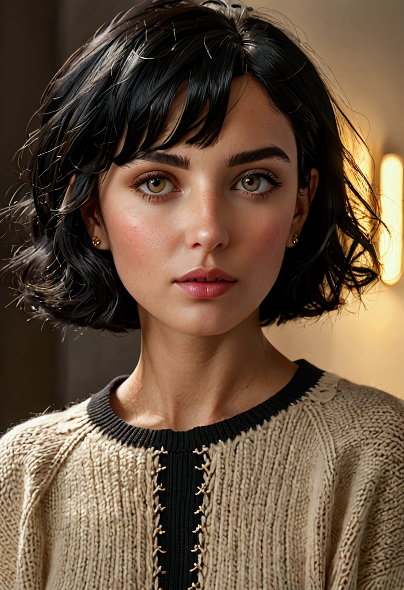 (masterpiece:1.3), (8k, realistic, RAW photos, best quality: 1.4), (1 woman), beautiful face, (realistic face), (black hair, Short hair:1.3), beautiful hairstyle, realistic eyes, beautiful and delicate eyes, (realistic skin), beautiful skin, (sweater), absurd, attractive, ultra high resolution, extremely realistic, very detailed, golden ratio