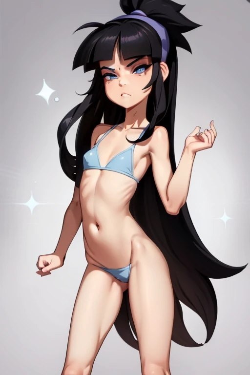 Trixie Tang, oddparents magicians, bincha blanca ,cabellera negra larga, rasgos asiaticos, ojos azules piel blanca delineador de ojos, cara asimétrica full-body display portrait legs spread, cute face,