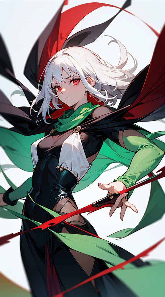 beautiful woman, white hair, long straight hair, ((crew cut: 1)), red eyes, fair skin, ((muscular: 1)), female, 28 years old, Wearing a black dress with fairy-colored silk braca, leather shawl, semi-transparent cubus of green color floating, space powers.