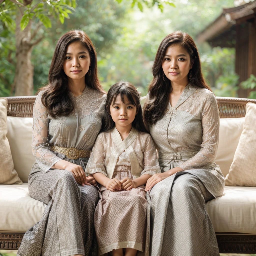 Thai family photo, a 7 year old girl, chubby face, with a 25 year old woman and a 50 year old woman, modern clothes with intricate designs, sitting elegantly on a long sofa in a shady garden, photo taken by a professional photographer, with best quality and highest resolution, flawless, UHD, 32K