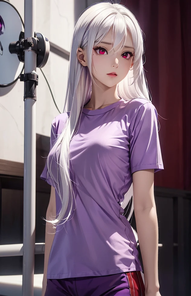 Woman with long hair straight, white hair color, high detailed, realistic, ultra realistic, ((purple shirt)) and short pant, ((red eyes))