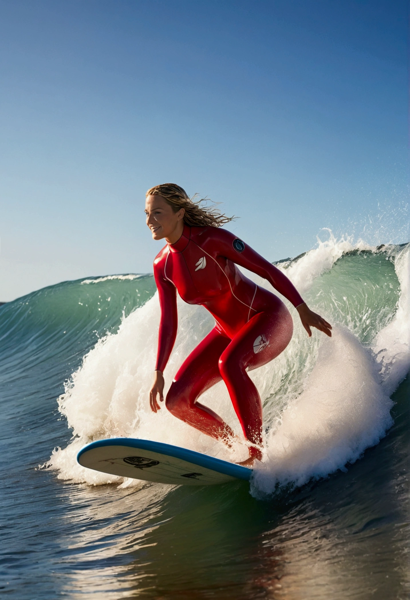 Beautiful busty woman, clad in a green fitting wetsuit, gracefully rides the crest of a powerful wave on her surfboard. The wetsuit, shimmering under the sunlight, accentuates her curves and highlights the glistening droplets of water on her body. The full body shot captures her confidence and passion as she skillfully maneuvers through the waves, her eyes focused on the horizon. The image is of high quality, with intricate details that bring out the textures of the wetsuit and the salty splashes on her skin, making it a masterpiece in 8k resolution.
