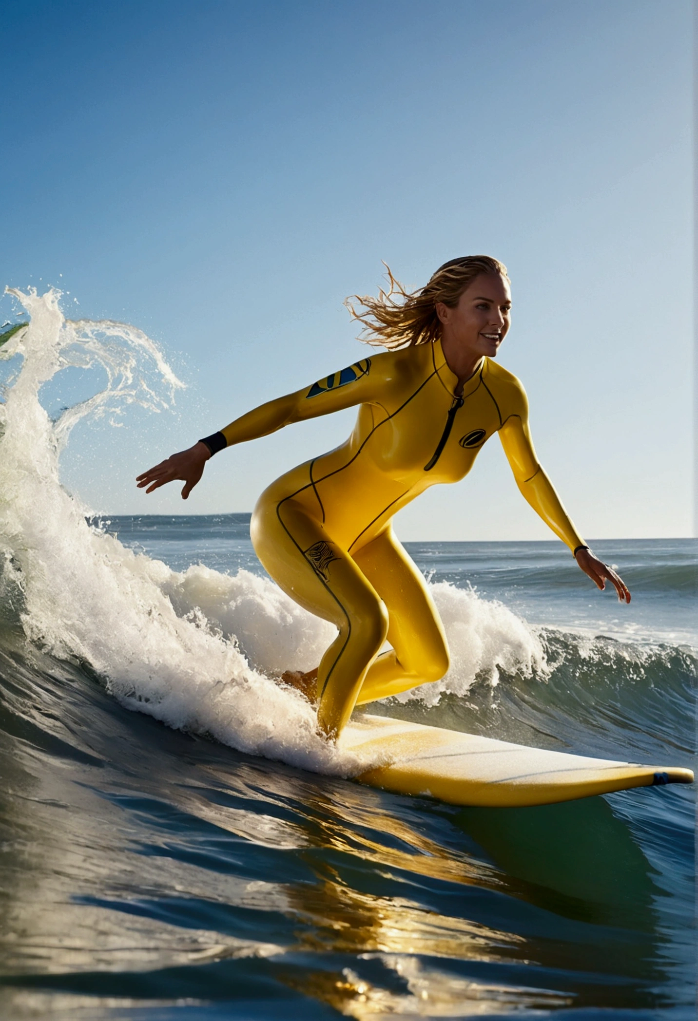 Beautiful busty woman, clad in a green fitting wetsuit, gracefully rides the crest of a powerful wave on her surfboard. The wetsuit, shimmering under the sunlight, accentuates her curves and highlights the glistening droplets of water on her body. The full body shot captures her confidence and passion as she skillfully maneuvers through the waves, her eyes focused on the horizon. The image is of high quality, with intricate details that bring out the textures of the wetsuit and the salty splashes on her skin, making it a masterpiece in 8k resolution.