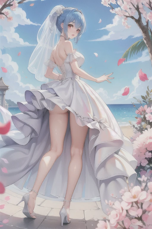 prinz eugen \(warship girls r\),((masterpiece)),(((best quality))),((ultra-detailed)),((illustration)),((disheveled hair)),((frills)),(1 girl),(solo),1girl,bangs,bare shoulders,barefoot,blue sky,blush,bridal veil,cherry blossoms,cloud,cloudy sky,confetti,day,dress,earrings,eyebrows visible through hair,falling petals,feet,flower,foot focus,hair between eyes,hair ornament,high heels,jewelry,leaves in wind,short hair,looking at viewer,looking back,ocean,open mouth,outdoors,petals,petals on liquid,ponytail,rose petals,shoes removed,sidelocks,single shoe,sky,soles,solo,splashing,thighs,tiara,toes,tree,underwear,veil,water,water drop,wedding dress,wet,white dress,Rating:safe,foreshortening,
blue hair,red eyes,