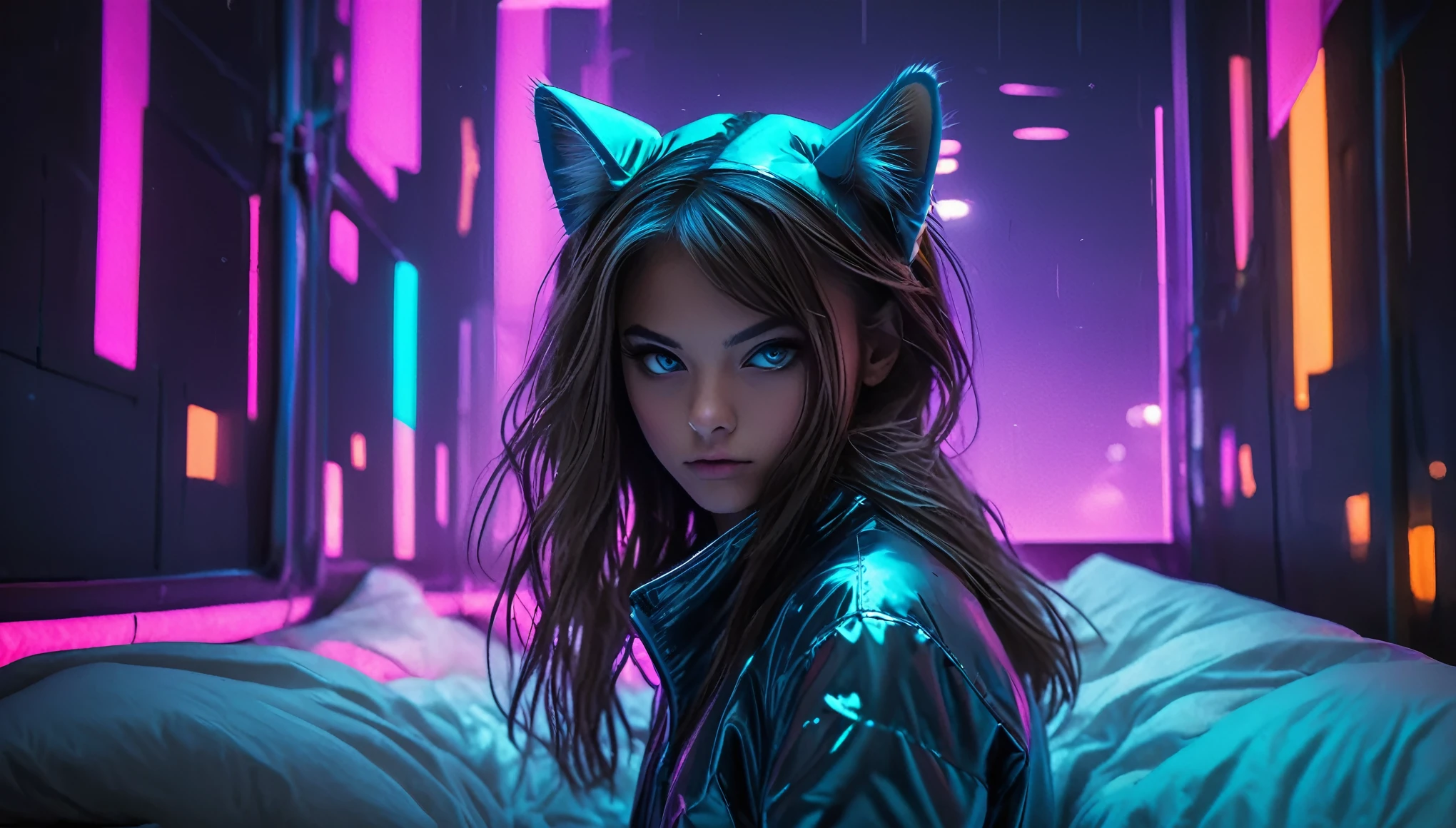 ((barely legal cat girl, with cat ears and choker, ((in an shiny open puffer with plunging neckline, wide cleavage, deep neckline)), small perky breasts, beautiful detailed eyes, beautiful detailed lips, small closed mouth, extremely detailed face, pale skin, random long hairstyle, small hips, lying on a bed with silk sheets, fear on the face)), moody atmosphere, dramatic and random neon colors, futuristic setting, intricate details, night, backlight, full body shot, view from a distance, random pose