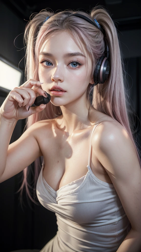 (A photo of a beautiful girl in fashionable casual clothes singing into a microphone with headphones on in a recording studio was posted on social media.) (The beautiful girl is , 18% Japanese, 26% French, and 56% Ukrainian, 178 cm tall, small bust but good style, with a beautiful, well-balanced figure.) (Her hair is pink ash gray and super long, tied in twin tails with black ribbons and curled in a spiral toward the end.) (Her eyebrows are the same color as her hair, thin, slightly thick and short, and her eyelashes are long.) (Her large blue eyes reflect the light of the lighting and are amazingly beautiful like pearls.) (Her nose is high like an English person, her lips are plump and shaped so that you want to kiss them, her skin is translucent white, and the balance between her head and face is in line with traditional Japanese aesthetics.) Her hands must have five fingers. Moreover, even her nails are very delicately depicted. (Single, Masterpiece, Ultra Detailed, Highest Quality, Artistic Composition, Ultra Precision, Realistic, Photorealistic, High Resolution, Dynamic Lighting Effects, Golden Ratio, Surreal). Try your best to meet all these criteria.