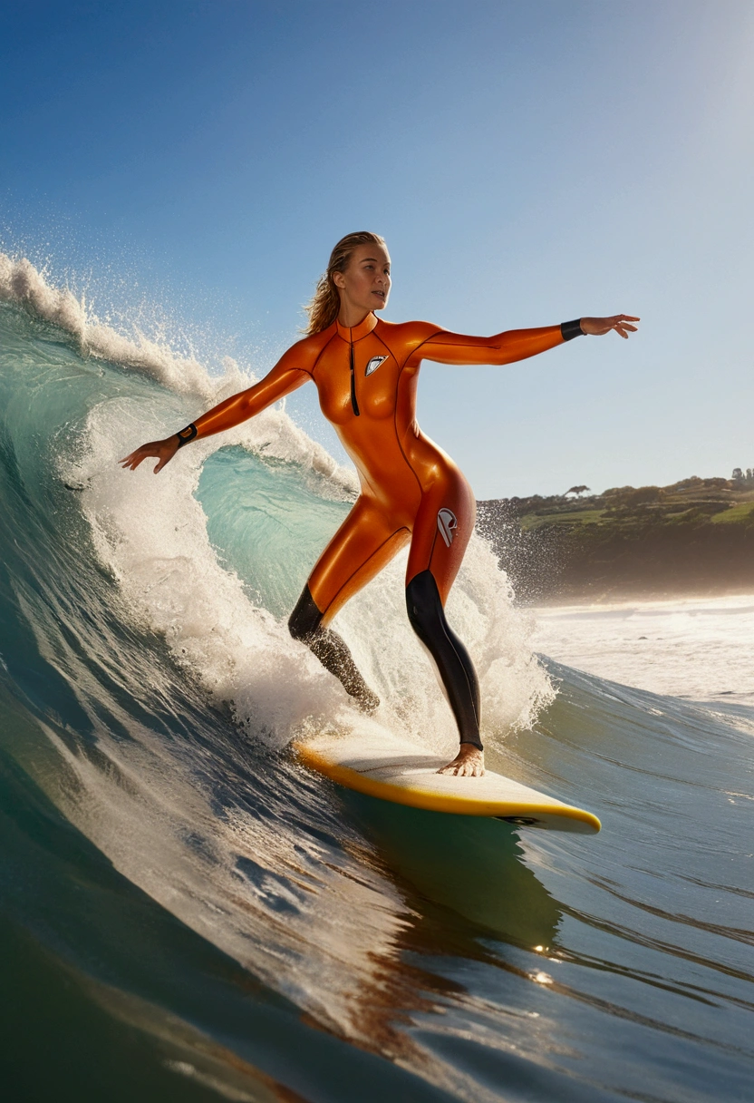 Beautiful busty woman, clad in a green fitting wetsuit, gracefully rides the crest of a powerful wave on her surfboard. The wetsuit, shimmering under the sunlight, accentuates her curves and highlights the glistening droplets of water on her body. The full body shot captures her confidence and passion as she skillfully maneuvers through the waves, her eyes focused on the horizon. The image is of high quality, with intricate details that bring out the textures of the wetsuit and the salty splashes on her skin, making it a masterpiece in 8k resolution.