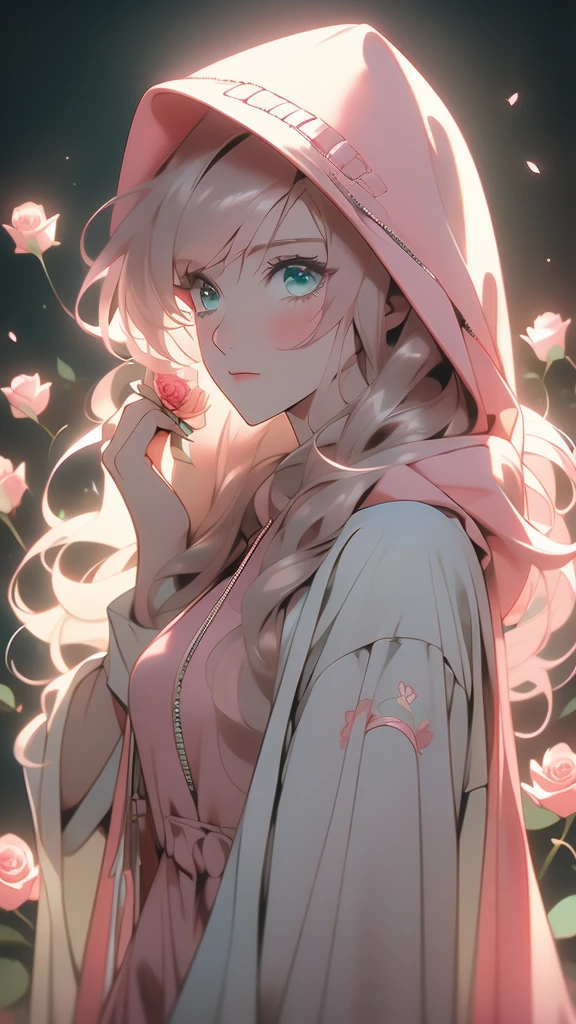 a female in hoodie with a pink rose in hand staring off into the distance, 1girl, hood, solo, flower, black background, brown hair, holding flower, hoodie, looking at viewer, pink hoodie, holding, long hair, simple background, sleeves past wrists, rose, one eye covered,(risheirmgardweitzner,pink_hair,aqua_eyes,:1.2),