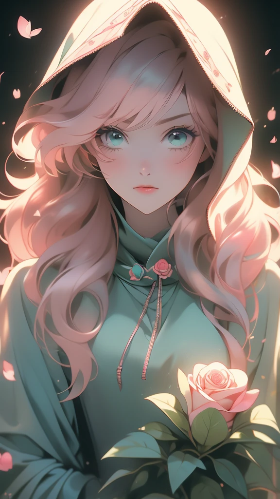 a female in hoodie with a pink rose in hand staring off into the distance, 1girl, hood, solo, flower, black background, brown hair, holding flower, hoodie, looking at viewer, pink hoodie, holding, long hair, simple background, sleeves past wrists, rose, one eye covered,(risheirmgardweitzner,pink_hair,aqua_eyes,:1.2),