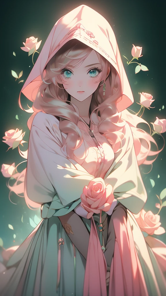 a female in hoodie with a pink rose in hand staring off into the distance, 1girl, hood, solo, flower, black background, brown hair, holding flower, hoodie, looking at viewer, pink hoodie, holding, long hair, simple background, sleeves past wrists, rose, one eye covered,(risheirmgardweitzner,pink_hair,aqua_eyes,:1.2),