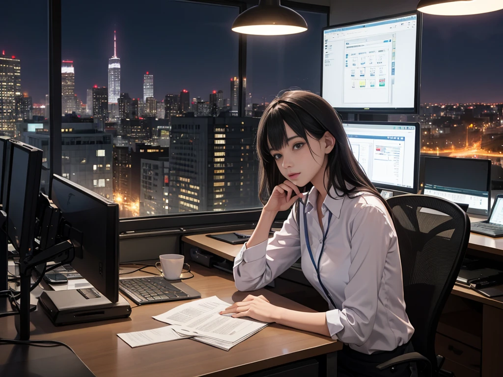 Modern workplace, people working at night