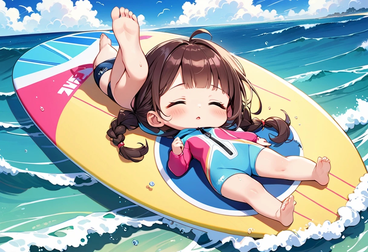 Highest quality、High resolution、Detailed Background、Beautiful face in every detail、Anatomically correct、Detailed facial expressions、fine grain、((full body, from below:1.2, side shot)), break ((One Girl:1.2)、(Chibi Girl:1.2))、Cute hair color、Big beautiful blue eyes、Fuller lips、Pink Lips、Braided twin tails、Ahoge、(Little Surfer:1.2)、(Cute wetsuits、barefoot)、break (((Sleeping on a surfboard:1.2、Lying on your back:1.2))、Sleeping with eyes closed:1.2)、Sweat、break (Big waves in the background、blue sky)
