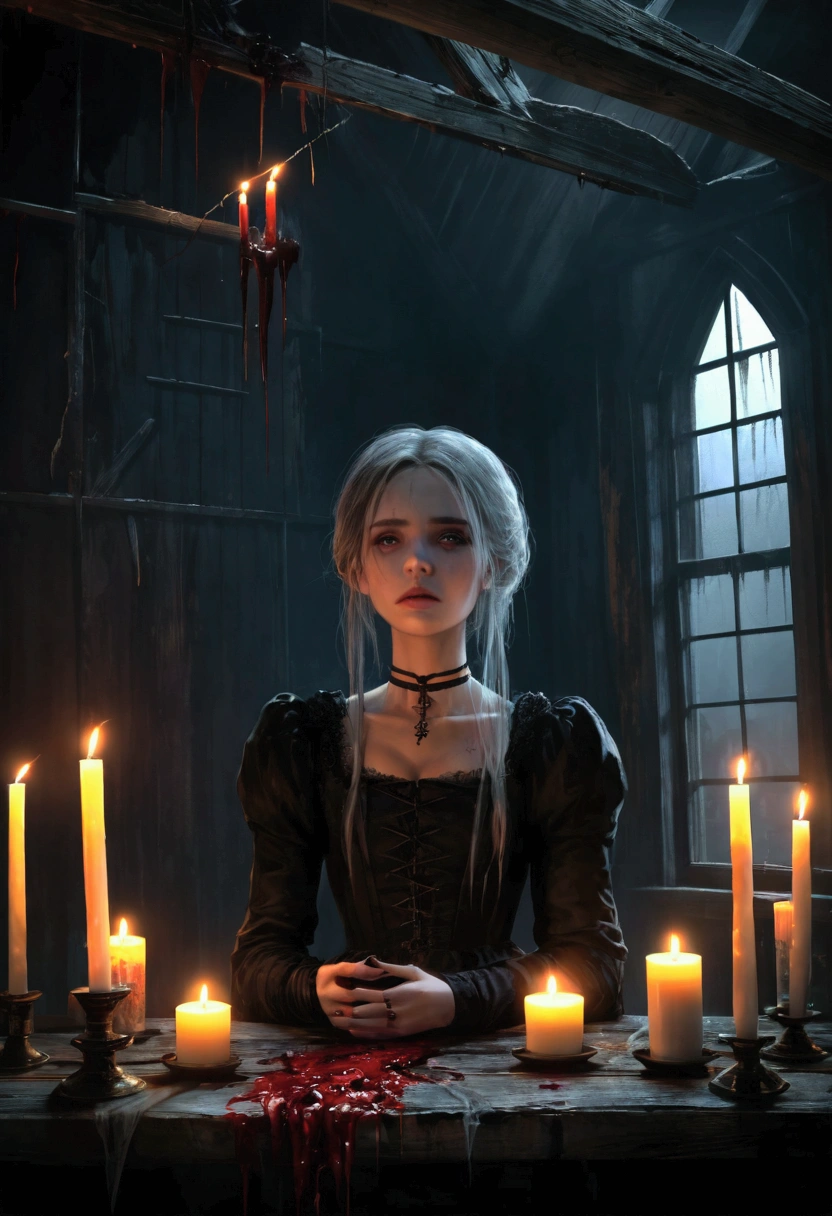 a young woman, slit throat, blood, horror, dark, ominous sky, abandoned house, candles, cobwebs, aged wood, moody lighting, cinematic, dark fantasy, chiaroscuro, high contrast, dramatic, Gothic, (best quality,4k,8k,highres,masterpiece:1.2)