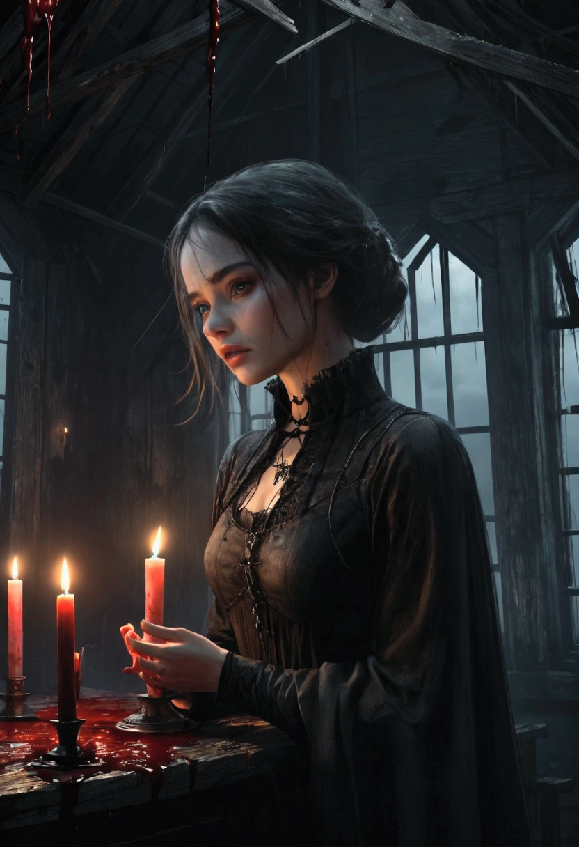 a young woman, slit throat, blood, horror, dark, ominous sky, abandoned house, candles, cobwebs, aged wood, moody lighting, cinematic, dark fantasy, chiaroscuro, high contrast, dramatic, Gothic, (best quality,4k,8k,highres,masterpiece:1.2)