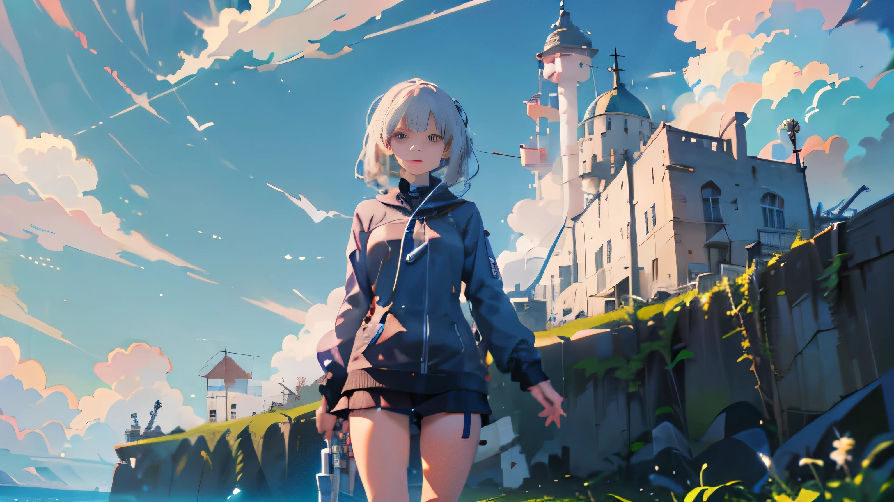 (Excellent: 1.2), (Highest Quality: 1.2), (Super Detailed: 1.2), A girl at a station in the sea, blue sky, cumulonimbus clouds, nothing around, horizon