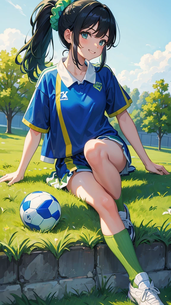 ((Highest quality)),((masterpiece)),A girl with a ponytail wearing a light green soccer uniform smiling at the viewer on a school ground in the evening,((Blue Scrunchie:1.1)),Blue socks,Black Hair