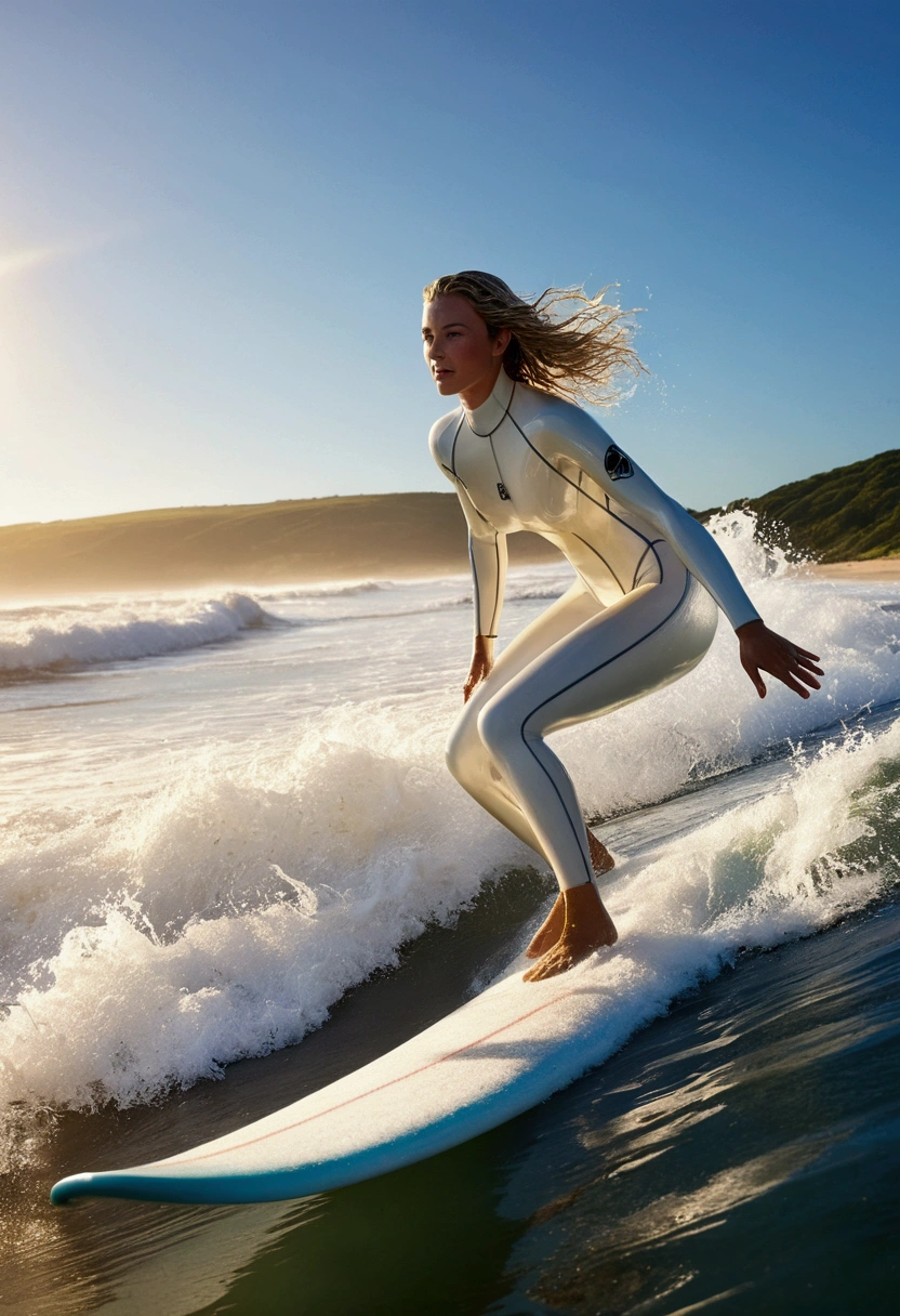a busty surfer girl riding a giant wave, ocean waves, detailed face features, surfer girl in yellow wet suits, blue waves, ocean, water splash, sunlight, wet hair, dynamic pose, action, awe-inspiring, best quality, 4k, 8k, highres, masterpiece, ultra-detailed, realistic, photorealistic, photo-realistic, HDR, UHD, studio lighting, ultra-fine painting, sharp focus, physically-based rendering, extreme detail description, professional, vivid colors, bokeh, seascape, surfing, sports