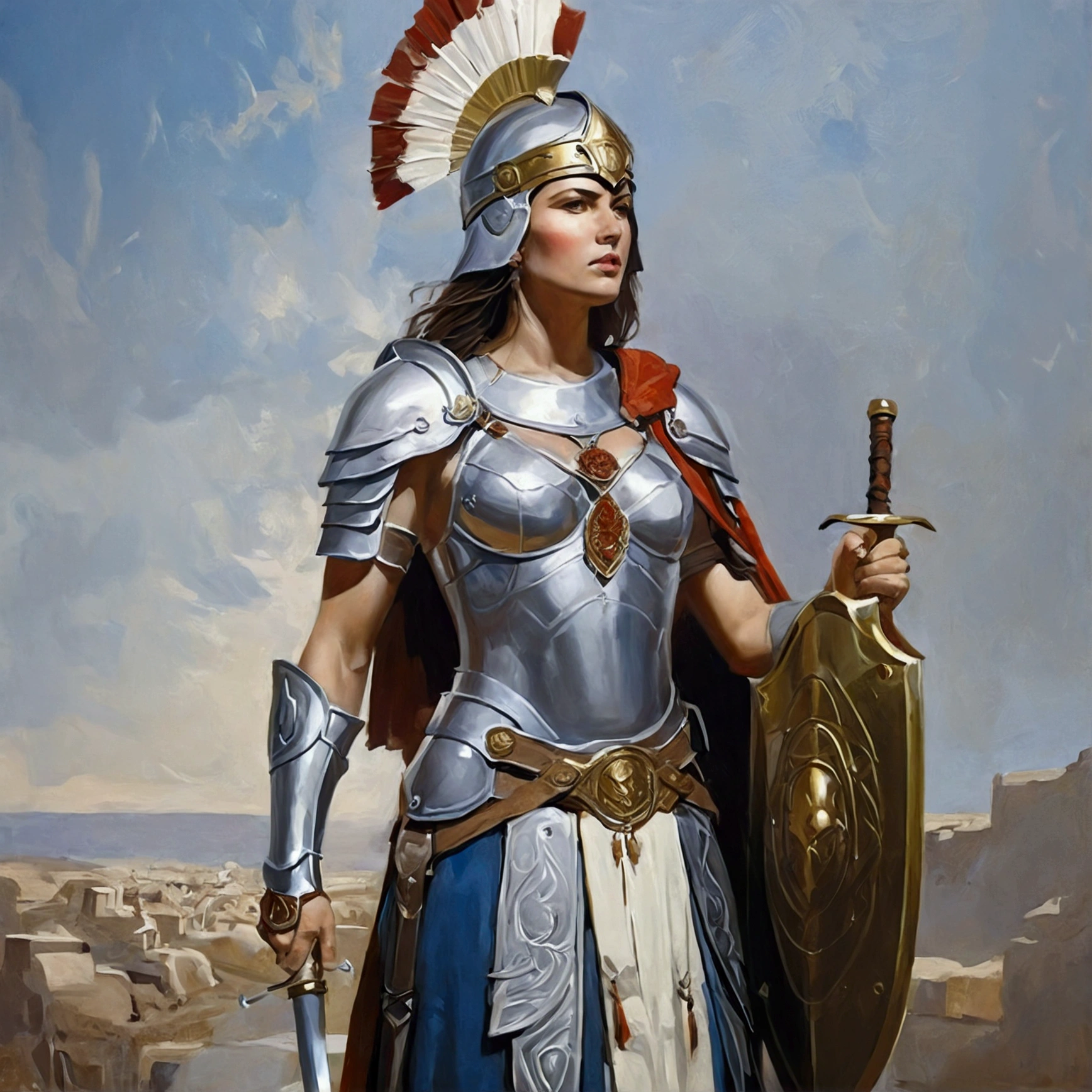 (((Oil painting))), Create a sacred image of Myrmidia, the goddess of war and strategy from the Warhammer Fantasy world. She is to be portrayed as a young woman in the prime of her life, proud and self-confident. She wears the traditional armor of the classical Remas, consisting of a magnificent bronze breastplate and a decorated helmet with plume. In her right hand she holds a long spear, and in her left hand she carries a shield, which is decorated with an eagle – symbol of their keen observation and broad vision in battle.

At Myrmidia&#39;s feet there is said to be a stylized lion&#39;s head with an impressive mane, which symbolizes their ability, to defeat even the strongest opponent. The lion&#39;s head should have similar features to her sun symbol, which is often depicted with a smiling female face.

Behind her, the sky is said to be in gentle, displayed in bright colors, to symbolize their connection to the lunar calendar, which she introduced at the time of the union of Tilea and Estalia.

Some crows can also be seen in the area around the picture, which represent their connection to the prophecy and wise counsel of their fathers. These birds could be positioned on a banner or near the image.

The picture should show Myrmidia in her three archetypal aspects: als „Ideal Captain“, „Mistress of the Battlefield“ und „Resolute Warrior“. Your attitude should be calm and honorable, and their eyes should reflect wisdom and determination.