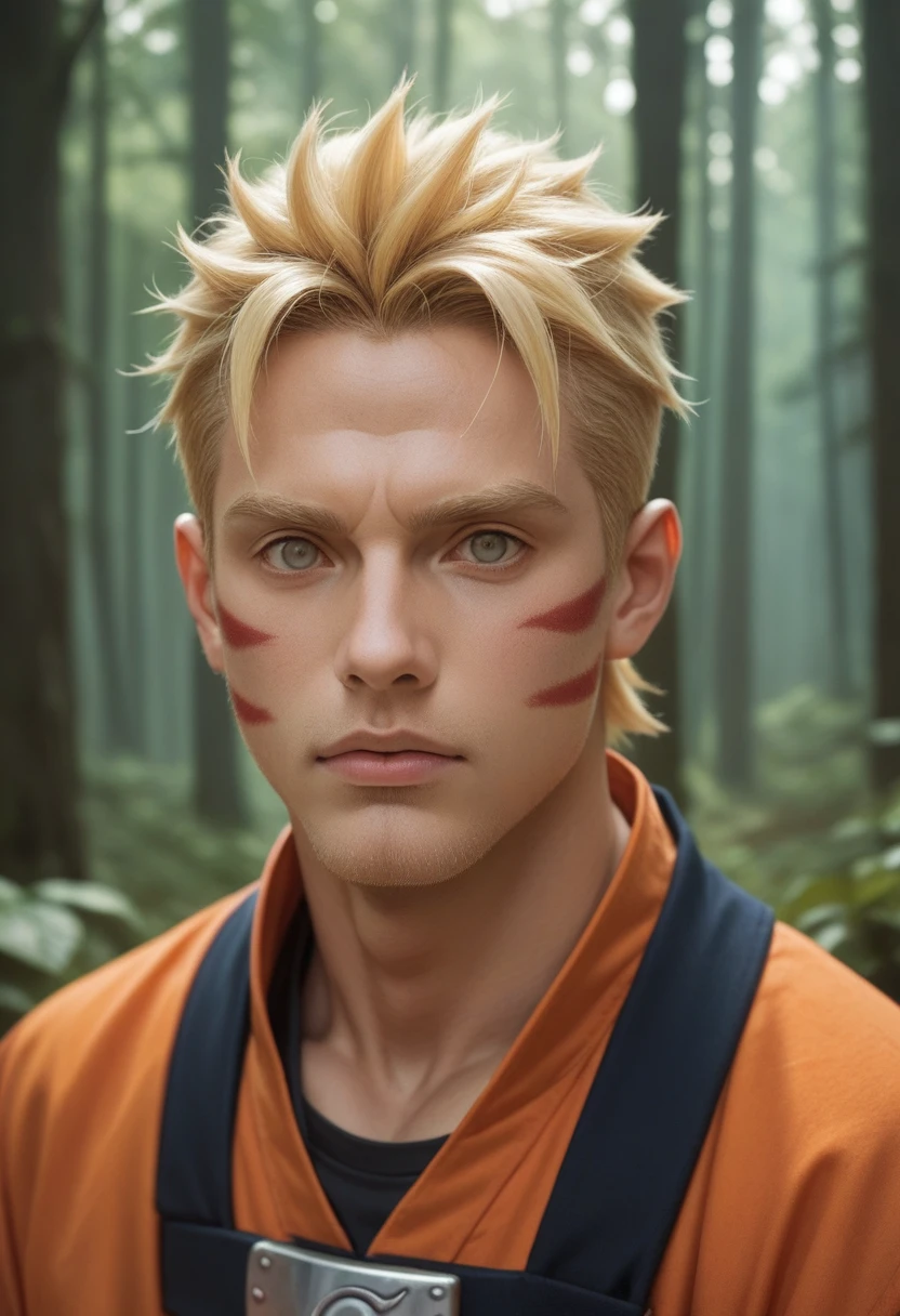 naruto, Blonde haired boy, with orange clothes with three stripes on each side of the cheek in a dark fantasy forest