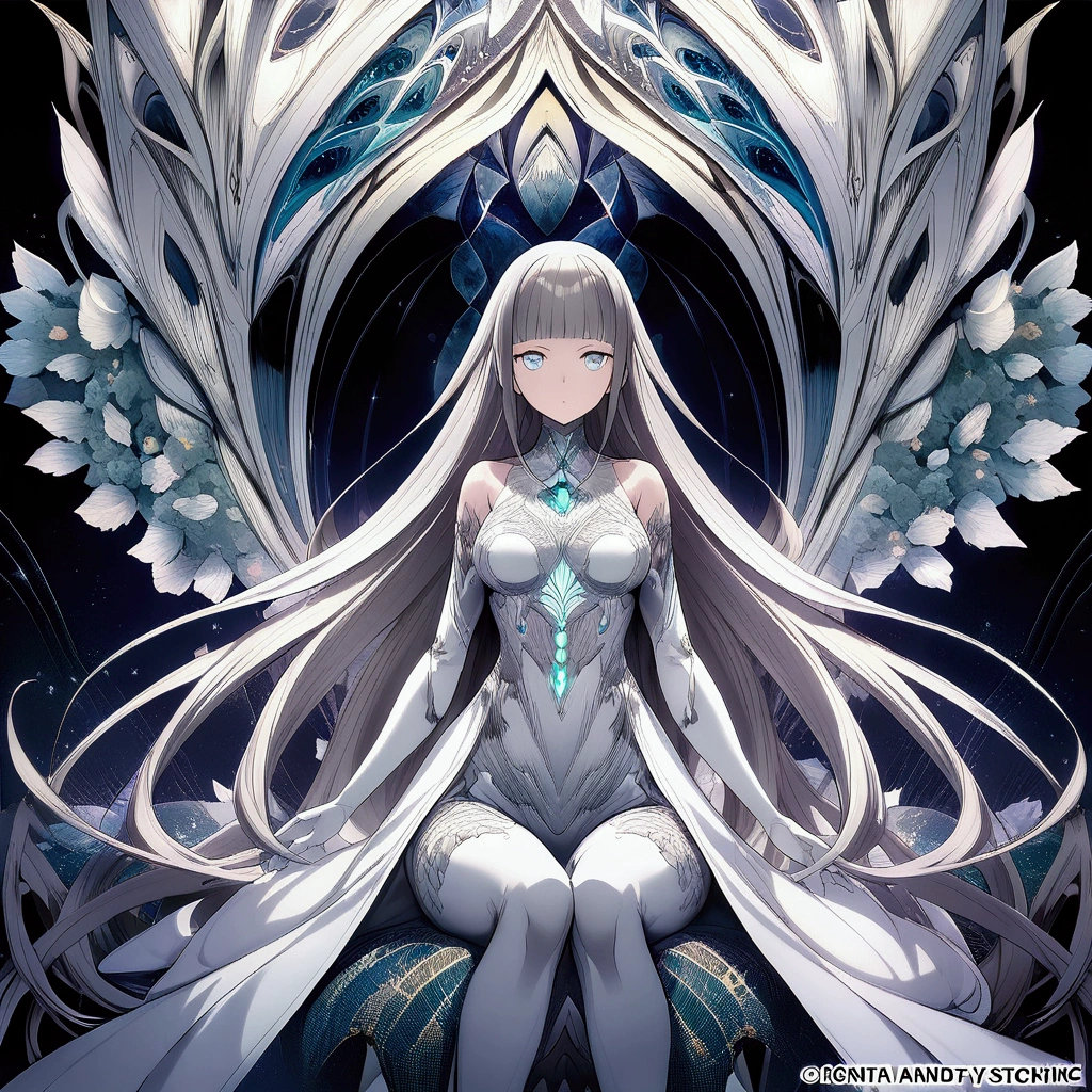 A very cute girl's body statue,(Yoga lotus position),Visual spectroscopy radio wave signals merged with organic fiber structures,Subsonic spectrum,Grey clay clusters,fibonacci fractals,Long flowing straight hair,Bangs:0.33,(Official Art, Beauty and aesthetics: 1.2), (Fractal Art: 1.3), White powder color scheme,