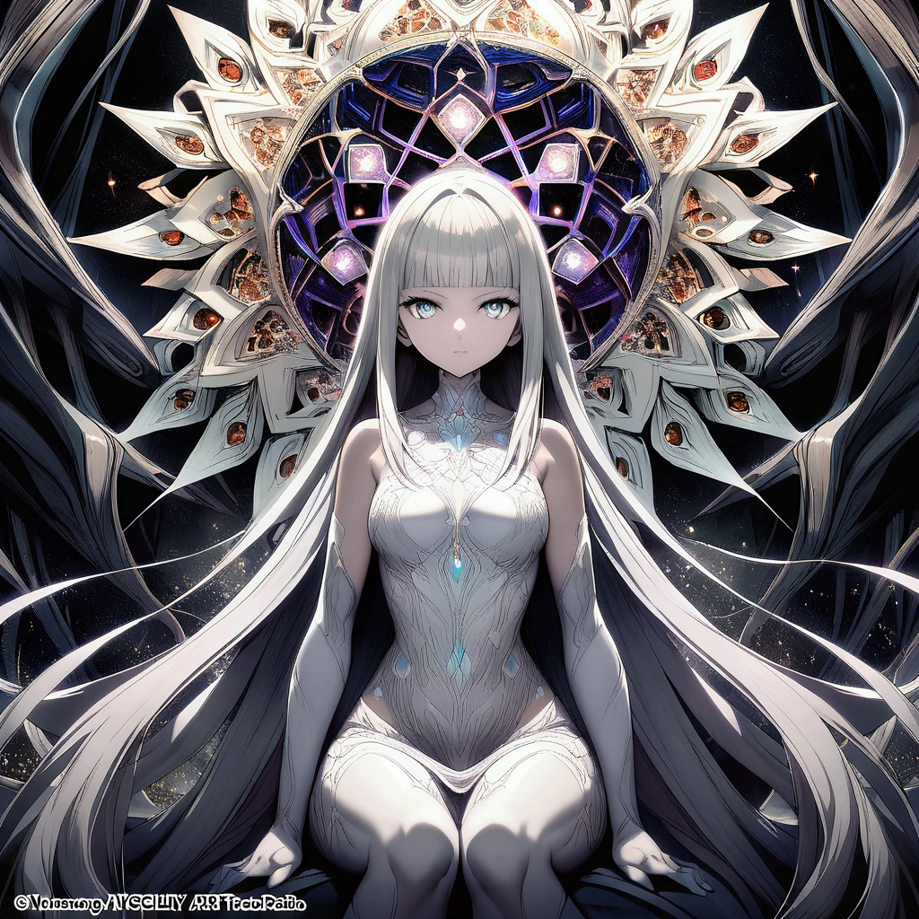 A very cute girl's body statue,(Yoga lotus position),Visual spectroscopy radio wave signals merged with organic fiber structures,Subsonic spectrum,Grey clay clusters,fibonacci fractals,Long flowing straight hair,Bangs:0.33,(Official Art, Beauty and aesthetics: 1.2), (Fractal Art: 1.3), White powder color scheme,