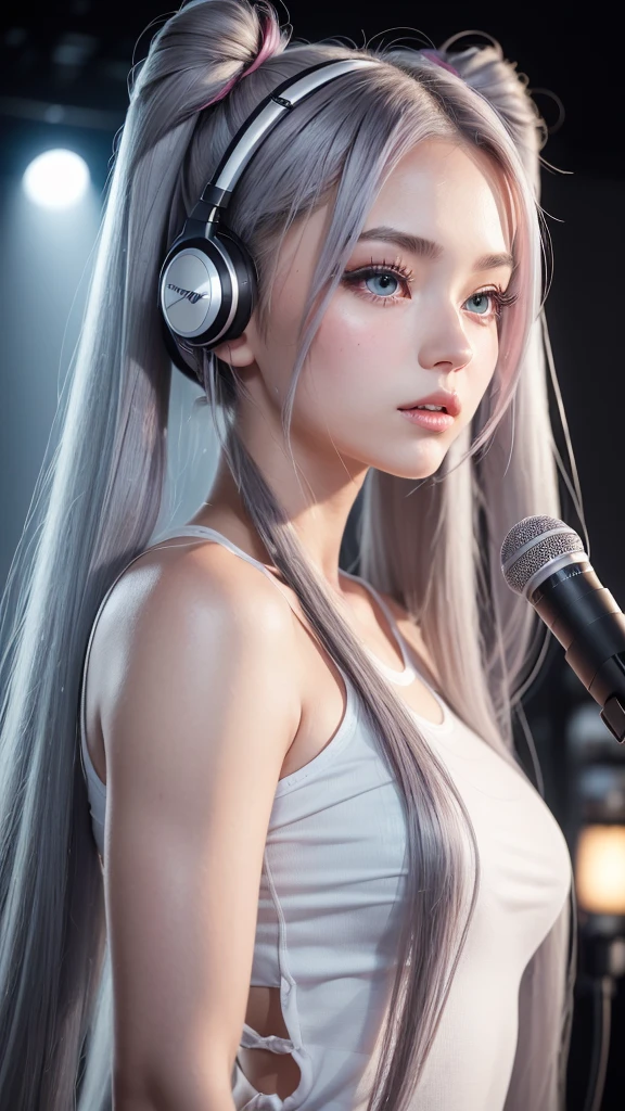 (A photo of a beautiful girl in fashionable casual clothes singing into a microphone with headphones on in a recording studio was posted on social media.) (The beautiful girl is , 18% Japanese, 26% French, and 56% Ukrainian, 178 cm tall, small bust but good style, with a beautiful, well-balanced figure.) (Her hair is pink ash gray and super long, tied in twin tails with black ribbons and curled in a spiral toward the end.) (Her eyebrows are the same color as her hair, thin, slightly thick and short, and her eyelashes are long.) (Her large blue eyes reflect the light of the lighting and are amazingly beautiful like pearls.) (Her nose is high like an English person, her lips are plump and shaped so that you want to kiss them, her skin is translucent white, and the balance between her head and face is in line with traditional Japanese aesthetics.) Her hands must have five fingers. Moreover, even her nails are very delicately depicted. (Single, Masterpiece, Ultra Detailed, Highest Quality, Artistic Composition, Ultra Precision, Realistic, Photorealistic, High Resolution, Dynamic Lighting Effects, Golden Ratio, Surreal). Try your best to meet all these criteria.