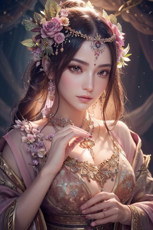 ((Masterpiece,Ultra-high resolution, high resolution, 8k,  Fractal Art,Octane, Fantastic,Aesthetic,Intricate details)) From fantasy,Beautiful dusky pink flower goddess fortune teller,Mysterious presence,Emits a powerful, mysterious aura from bottom to top,Gemstone Garden, Elegant and sophisticated features with perfect shading and realistic skin texture. she (Crystal Eye) It&#39;s wonderful.、It is the focus of this image. (she eyes extremely detailed, Beautiful attention to detail, macro). she eyes feature intricate detailing with clearly defined irises and bright sclera. sheはクラシックな模様のロングドレスを着ている,Long sleeve,A dress made of jewels and details,soft lips are smooth and very puffy, sheの肌は淡い紅潮と華麗なクラシカルな模様で飾られている. she long gown is stunning and expensive, Made of pure flame and brilliant light,Gorgeous jewels that sparkle in the light. 