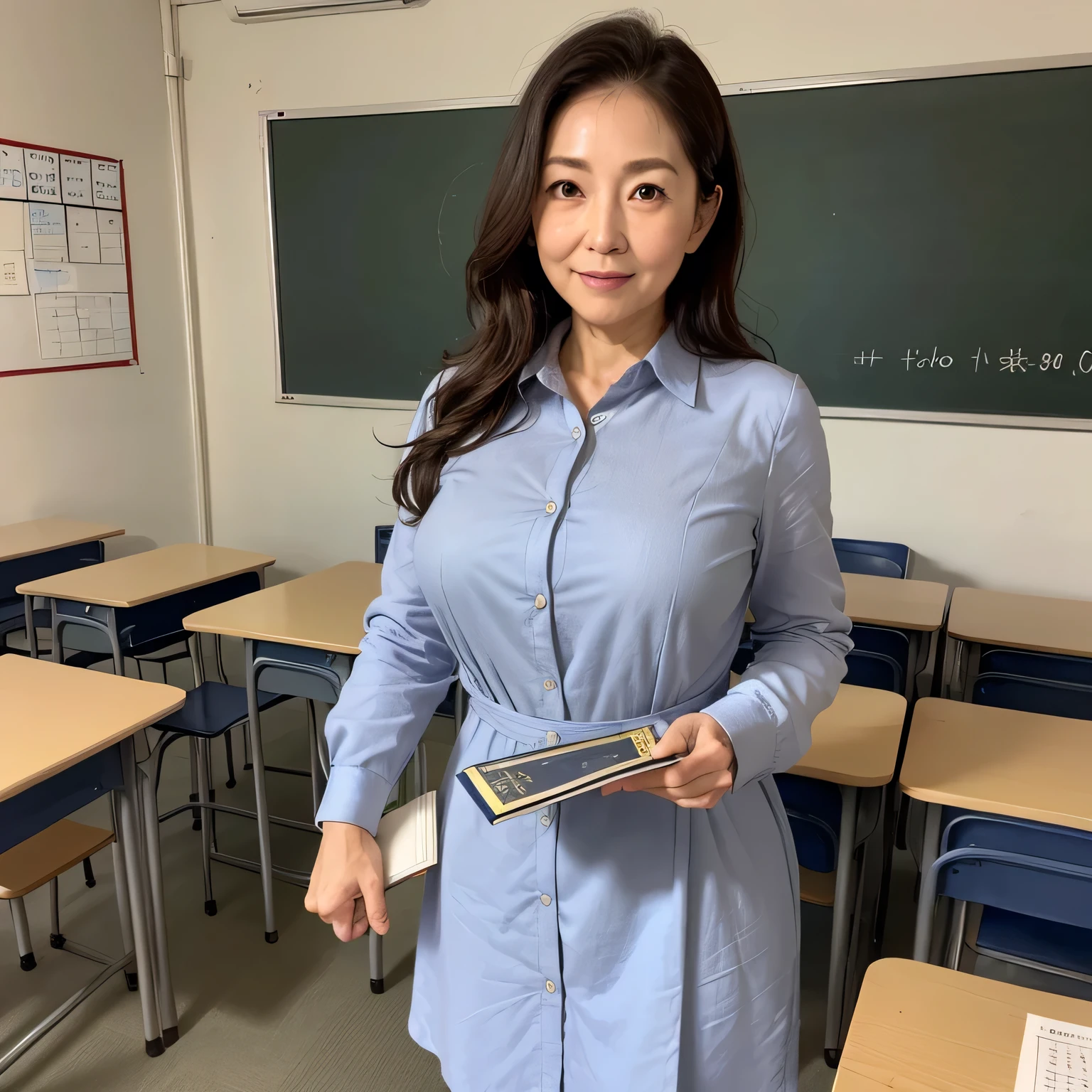 High resolution, High-level image quality, High definition, masterpiece, 8k, Anatomically correct, Professional Lighting, sharp, White Photo, ((Japanese Mature, 90 years old, Beautiful female teacher)), One person, ((Facial wrinkles)), Shapely large breasts, Straight, light brown, long hair that reaches the shoulders, Chubby body type, ((School classroom, Standing upright, holding the attendance book and looking at the viewer)), (((Navy long shirt dress))), Composition from knee to head