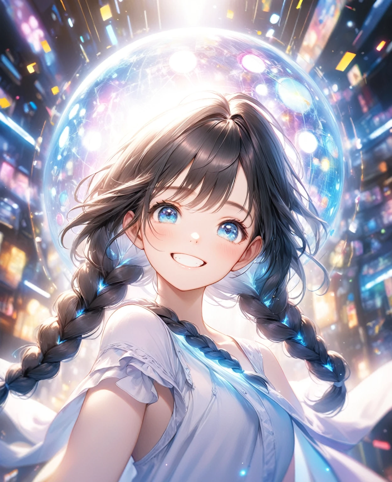 (Highest quality,8k,32K,masterpiece,Ultra-high resolution :1.2 ),born,One girl,Super cute,Natural light,Clear, shining eyes,20-year-old,Fair skin,An innocent smile,Electronic world fantasy background,Grin,Black hair,Long Hair,Braiding