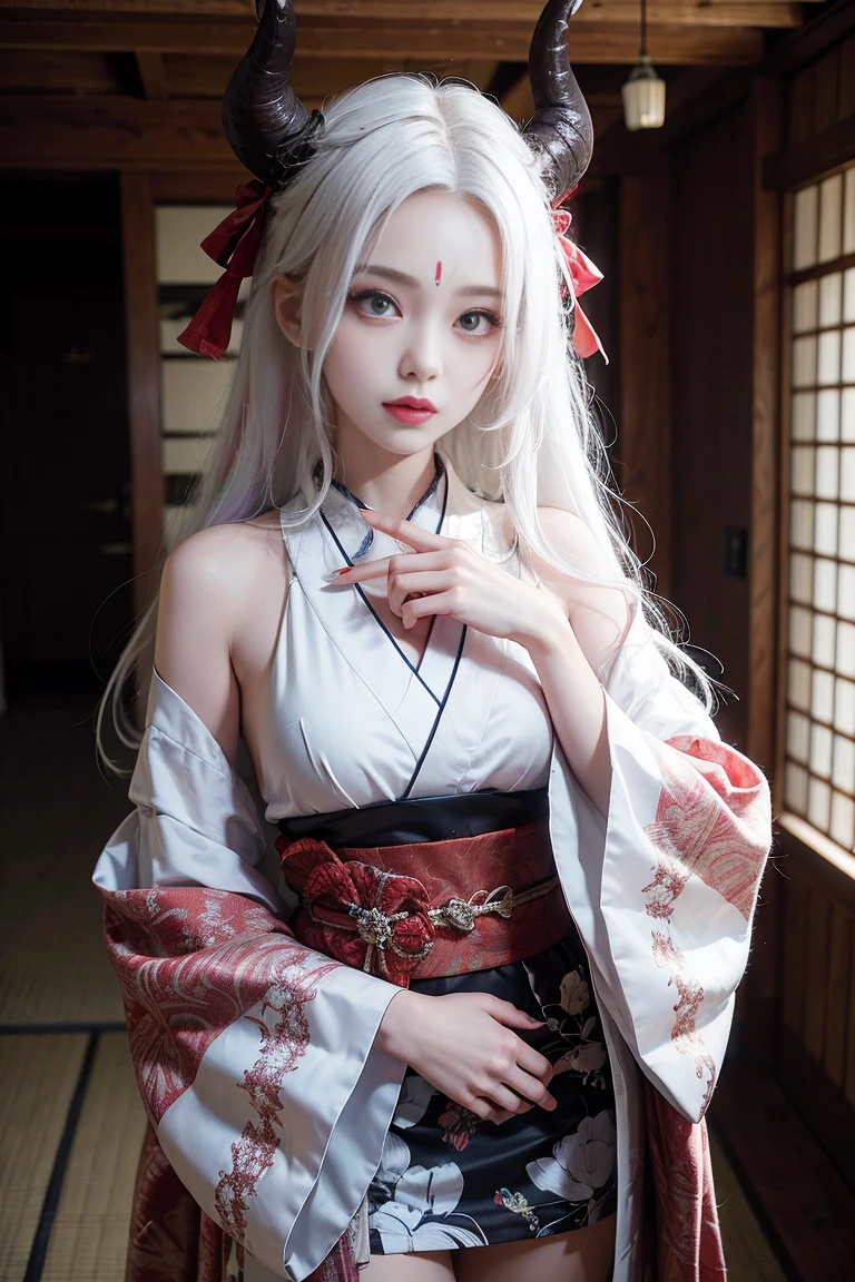 sfw, 1girl, standing, from front, front, cowboy_shot, inside japanese house, glowing red eyes, , face focused, ((white_hair)), kaguya, third eye, pale skin, horns, sharp_fingernails, forehead mark