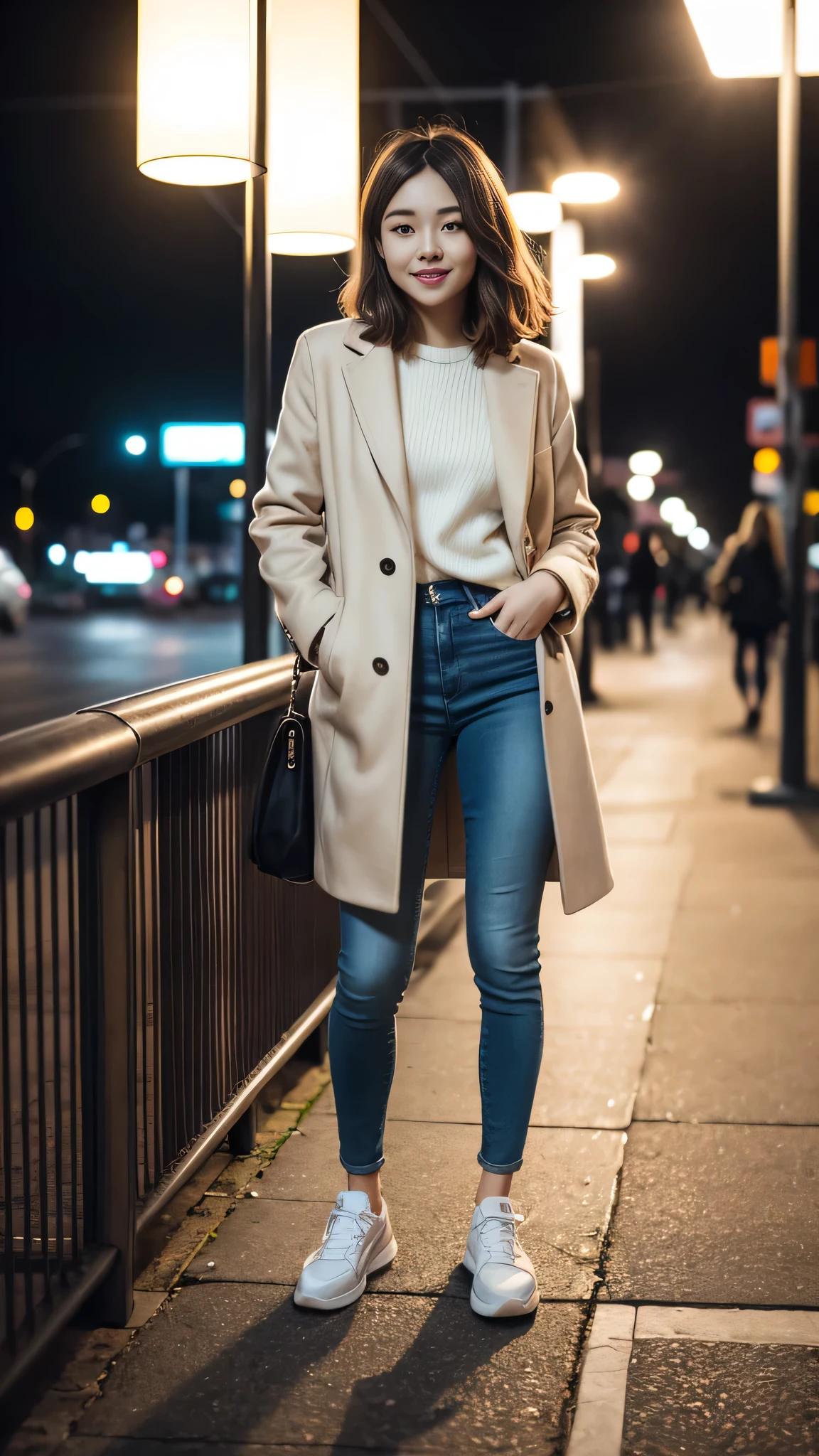 , Full body photo、smile、Short Haircut、Brown Hair), (work of art, high qualiy) Woman in coat、Skinny jeans、sneakers、Background is a park at night