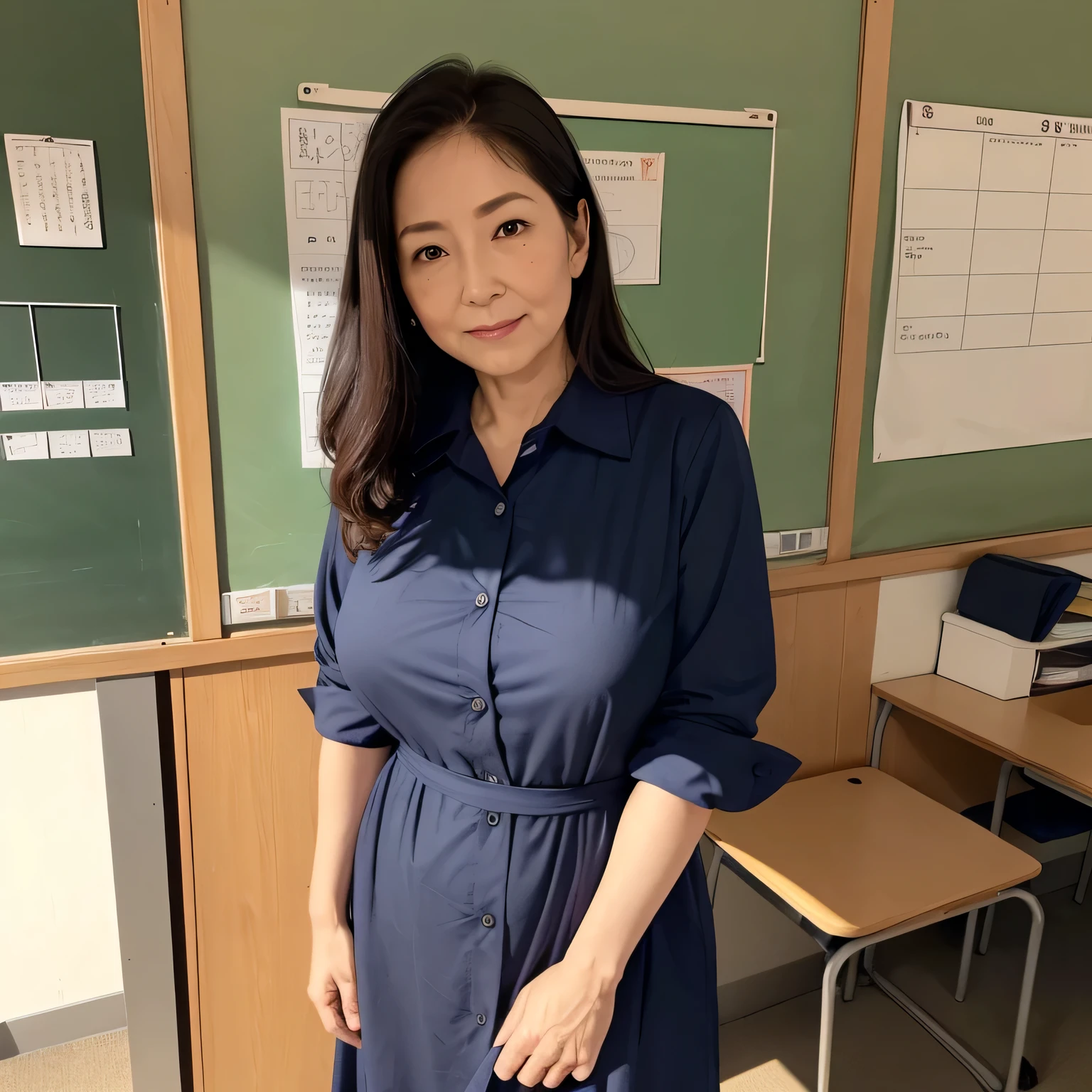 High resolution, High-level image quality, High definition, masterpiece, 8k, Anatomically correct, Professional Lighting, sharp,
((Japanese Mature, 50 years old, female teacher)), One person,, Shapely big breasts, Straight, fluffy, light brown hair that reaches the shoulders, Chubby body type, Mouth closed and serious face,
(((Next to a desk in a school classroom,Standing upright and looking at the viewer))),
(A light, light navy blue linen short-sleeved French-sleeved long dress for summer use.),
Beautiful shins, ((Composition from knees to head seen from waist height))