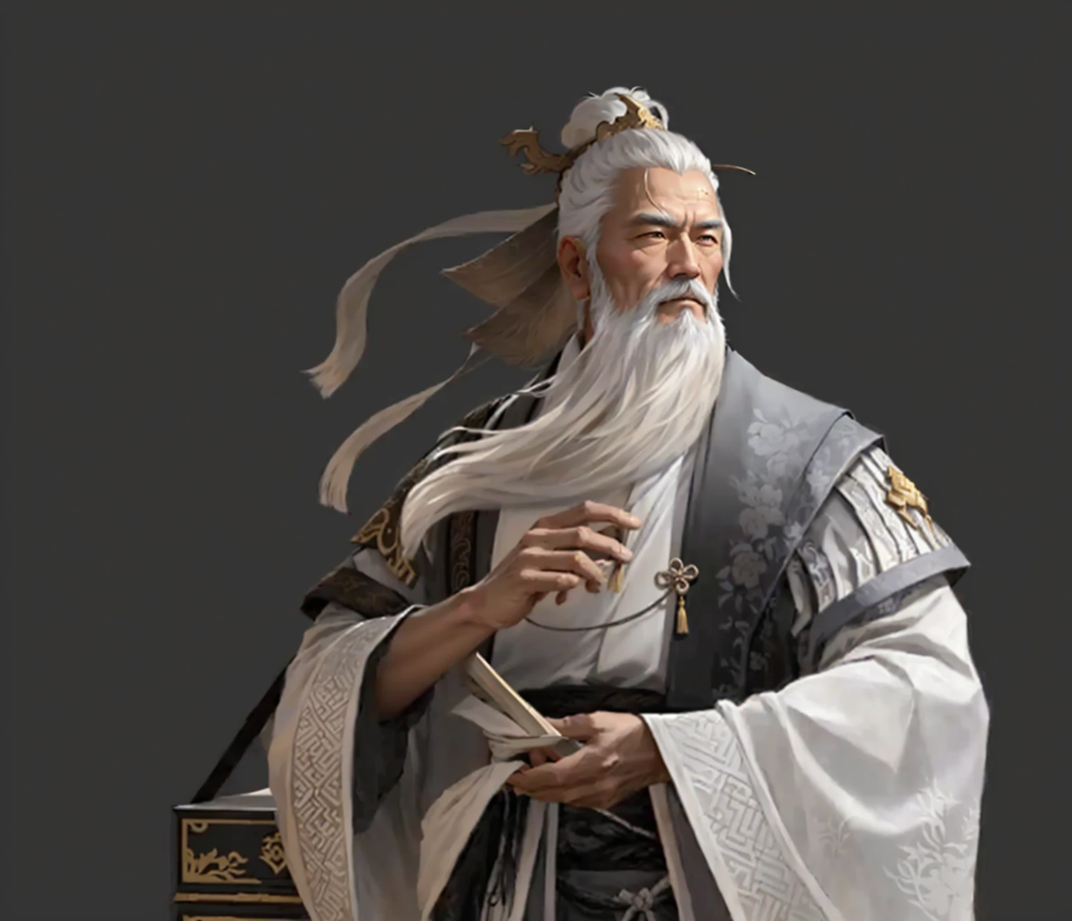 Aravud image of a man with a white beard and white robes, Taoist priest, Inspired by Hu Zaobin, Inspired by Cao Zhibai, Inspired by Wu Daozi, Inspired by Dong Yuan, Taoist master, Olchas Logan Healing Liang Xing, heise jinyao, Inspired by Emperor Xuande, feng zhu concept art