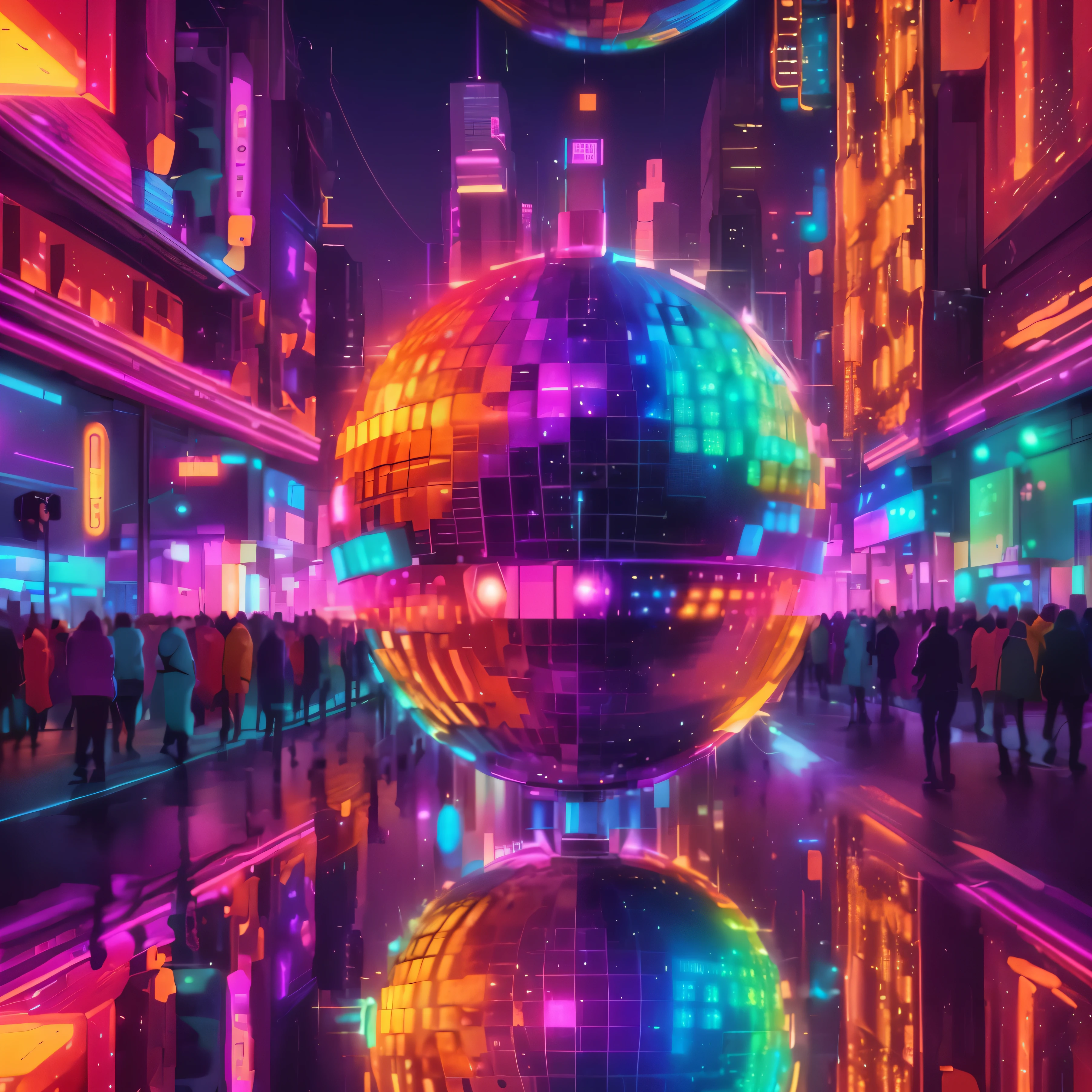a poster of a disco ball in a city at night, beetle!!, style hybrid mix of beetle, beetle masterpiece, in style of beetle, beetle |, beetle. hyper真实感, beetle style, beetle colors, 真实感 | beetle, beetle art, dreamy colorful cyberpunk colors