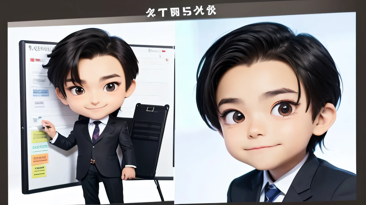 A male character in his 20s who looks good in a suit, chibi style with a big head and , presenting using a whiteboard. He has an adorable face with expressive eyes. The background is simple.