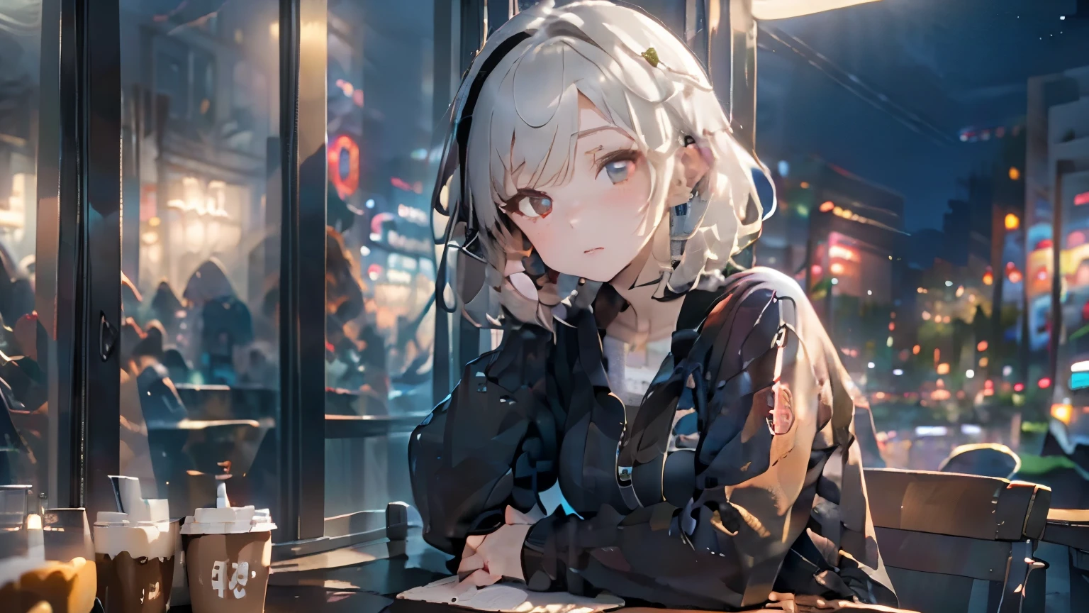 (Top quality, masterpiece), (Girl living alone, short white hair, headphones, sitting at desk), (Coffee, neon lights, late night, beautiful starry sky outside the window, large room, darkness, meteor cloud), (Lo-fi art style)