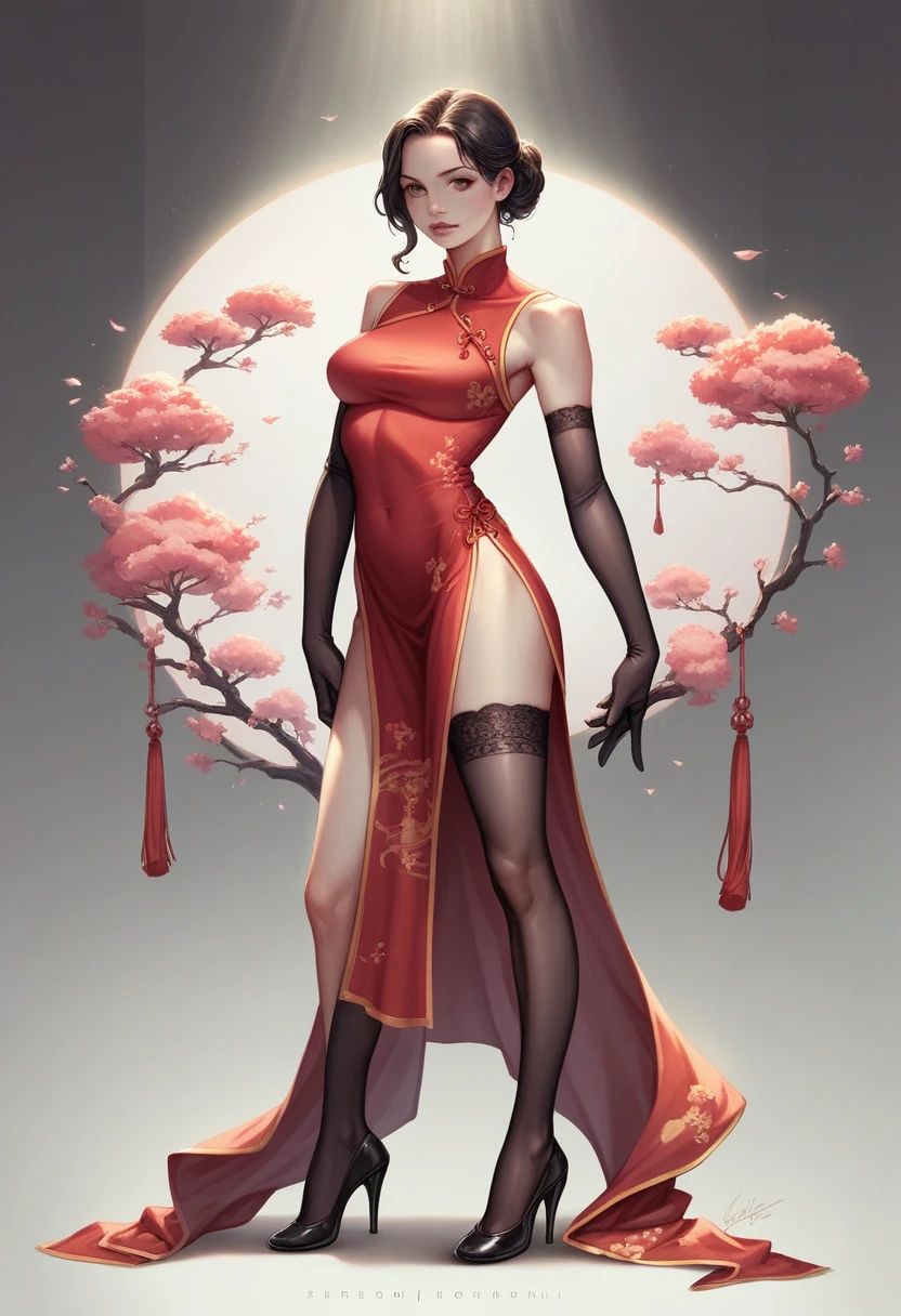 girl in traditional chinese dress, high heels, long gloves, japanese high school girl, black stockings, detailed facial features, beautiful eyes, detailed lips, intricate hairstyle, soft lighting, cinematic composition, warm color palette, delicate details, photorealistic, 8k, award winning digital art