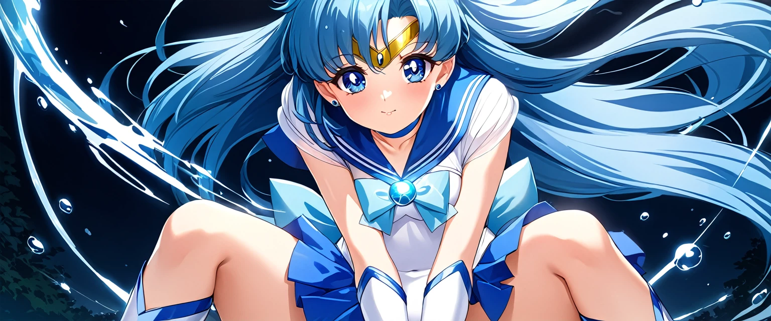 (Perfect Anatomy)、Mastepiece、Ultra High Quality、 8k、masterpiece、Highest quality、Ultra-high resolution、Maximum resolution、Very detailed、Professional Lighting、anime、woman、thin、Very beautiful face、Very beautiful eyes、(Highly detailed eye)、Highly detailed face、Sailor Mercury、tiara、Sailor Warrior Uniform、Blue Skirt、Blue sailor collar、Knee Boots、choker、White gloves、blue choker、jewelry、Earrings、White leotard、Pleated skirt、Blue Hair, gloves, “The water gushing from the magical spring glows with a mysterious shine and holds the power to distort even time.”