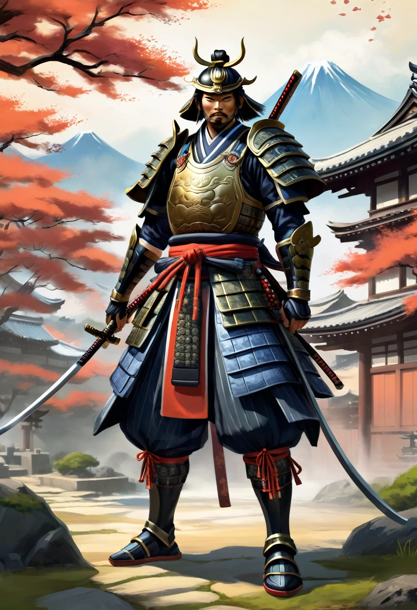 Need to create concept art of a samurai for MMORPG, centered on a Japanese setting. The character must be presented in classic samurai armor and weapons, combining elements of traditional and fantasy design. digital painting