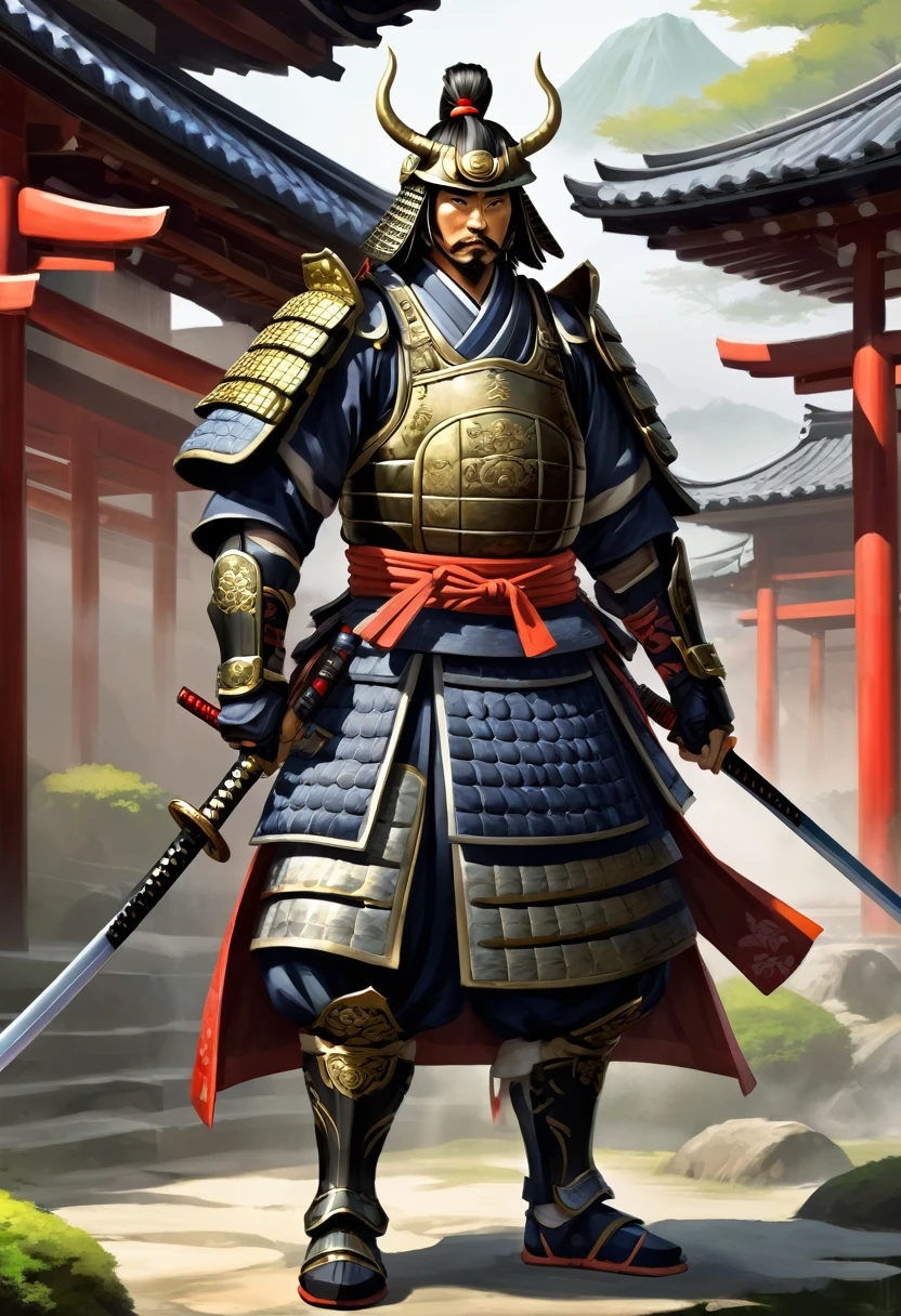 Need to create concept art of a samurai for MMORPG, centered on a Japanese setting. The character must be presented in classic samurai armor and weapons, combining elements of traditional and fantasy design. digital painting