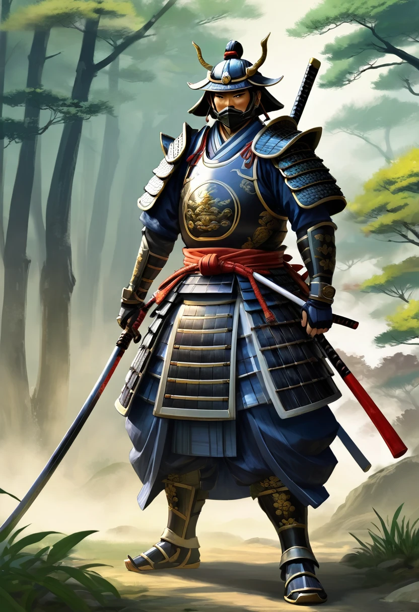 Need to create concept art of a samurai for MMORPG, centered on a Japanese setting. The character must be presented in classic samurai armor and weapons, combining elements of traditional and fantasy design. digital painting