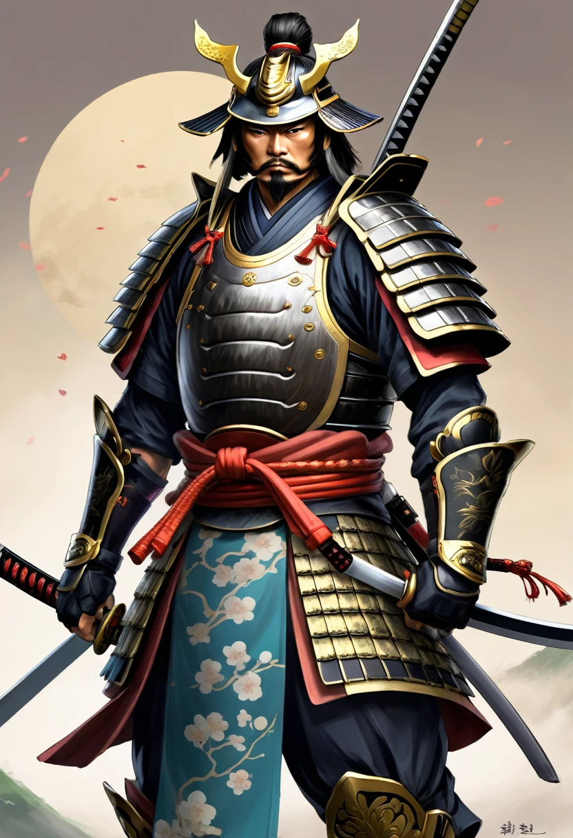 Need to create concept art of a samurai for MMORPG, centered on a Japanese setting. The character must be presented in classic samurai armor and weapons, combining elements of traditional and fantasy design. digital painting