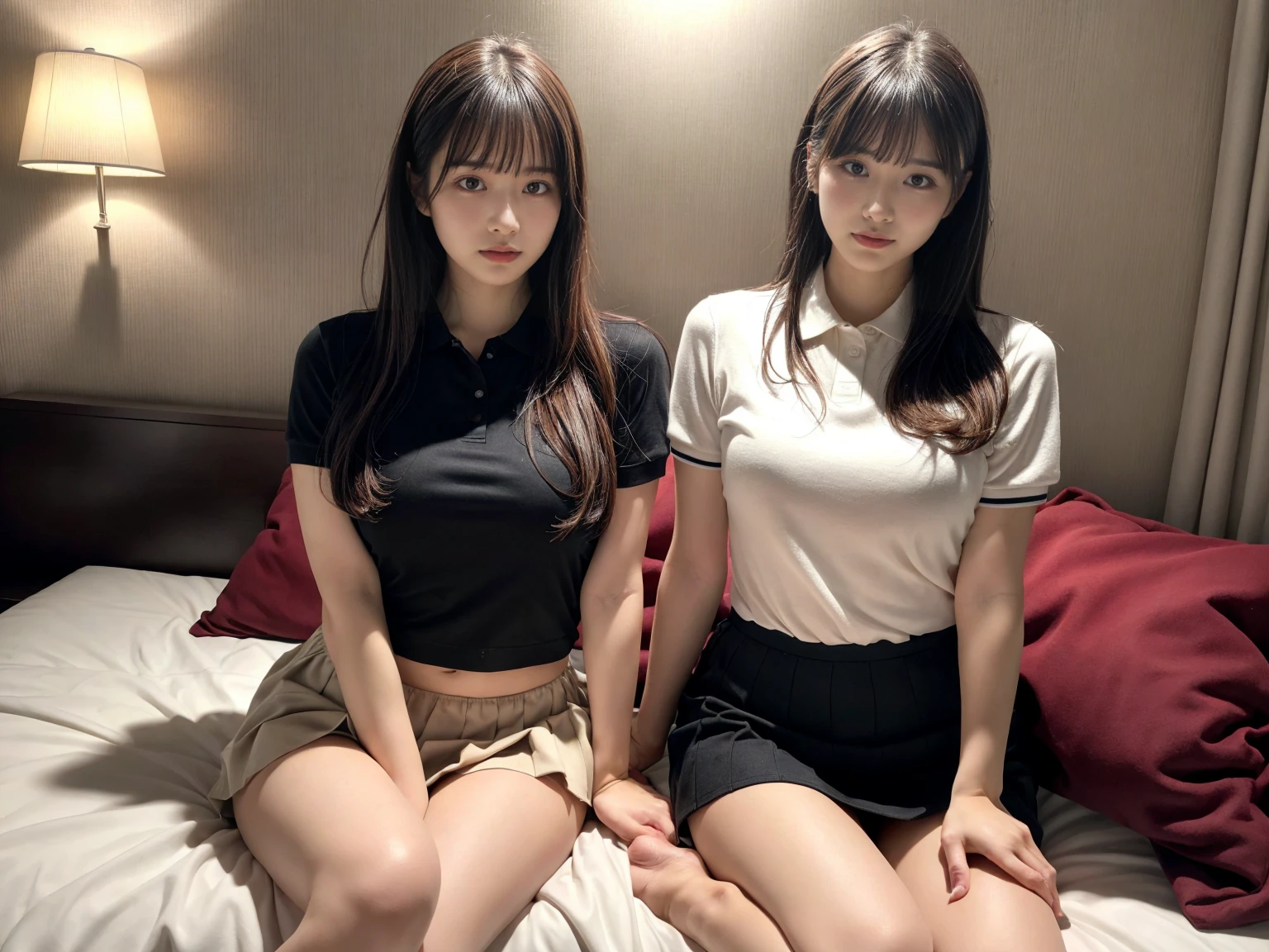 masterpiece, best quality, illustration, Super detailed, fine details, High resolution, 8K,wall paper, perfect dynamic composition,(Details High quality, realistic depiction of eyes:1.3), (2 girls), A tight polo shirt that expresses the roundness and softness of your chest., pleated mini skirt, sitting, open legs, short bob hair, in a hotel room in the background, deep on field, large breasts, black hair color, Big Natural Color Lip, (perfect body shape), crying a little、Harajuku style、20 year old girl、cute type、beautiful legs, Gravure Idol