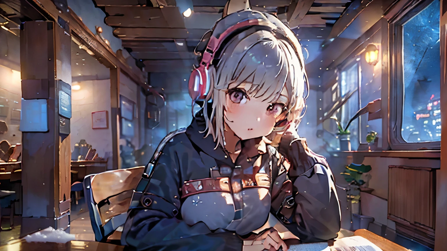 (masterpiece: 1.2), (highest quality: 1.2), (ultra detailed: 1.2), (girl living alone, short white hair, listening to music with headphones, sitting at desk), (coffee, neon lights, late night, beautiful starry sky outside the window, large room), (lo-fi art style)