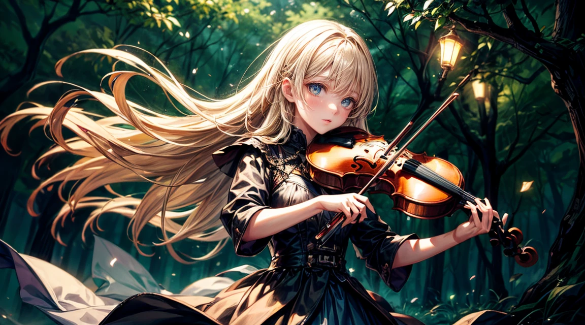 Beautiful girl playing in the forest, (Playing the violin), Play gracefully, (symphony:1.2), Yellow Hair, Long Hair, Medieval Leather Costume, (Musical notes that float like magic), (Glowing notes), (Detailed notes:1.2), (masterpiece:1.3), Highest quality, (Vibrant:1.2), Super detailed