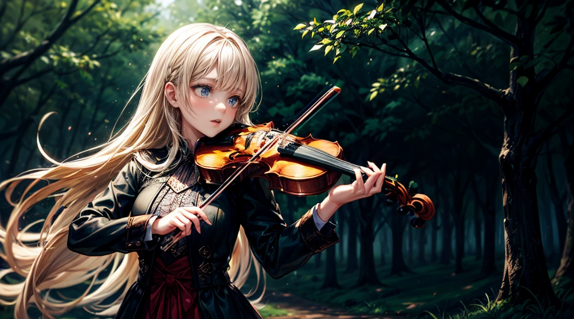 Beautiful girl playing in the forest, (Playing the violin), Play gracefully, (symphony:1.2), Yellow Hair, Long Hair, Medieval Leather Costume, (Musical notes that float like magic), (Glowing notes), (Detailed notes:1.2), (masterpiece:1.3), Highest quality, (Vibrant:1.2), Super detailed
