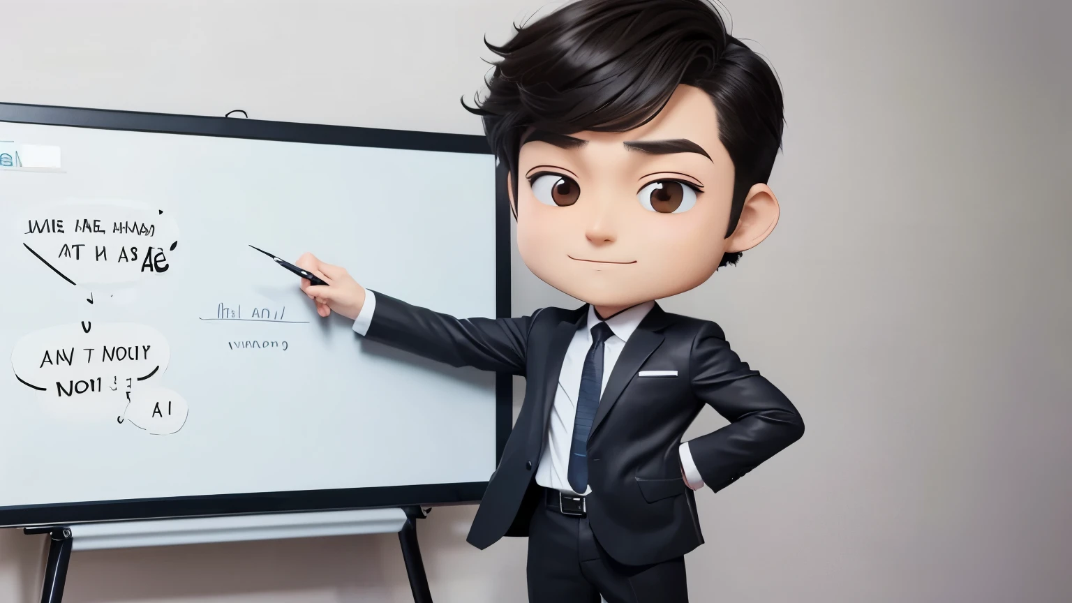 A male character in his 20s who looks good in a suit, chibi style with a big head and , presenting using a wall-mounted whiteboard. He has an adorable face with expressive eyes. The background is simple.